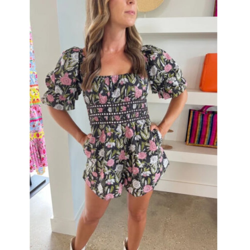 Saylor Allegra Romper Dress Floral Printed Ruffle Black M New without tags
